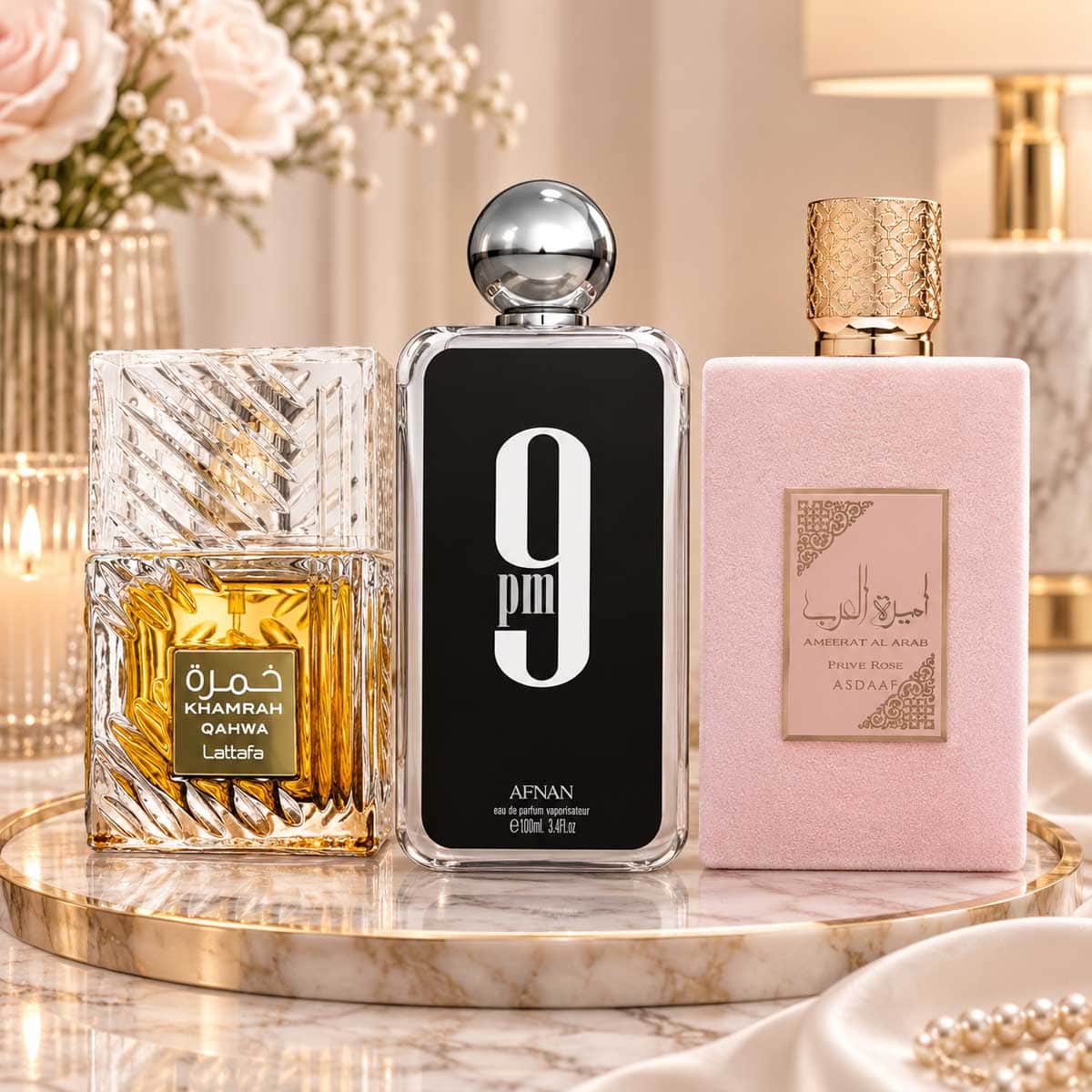 Afnan 9PM & Asdaaf Ameerat Al Arab Prive Rose with Lattafa Khamrah Qahwa Eau De Parfum Unisex Bundle