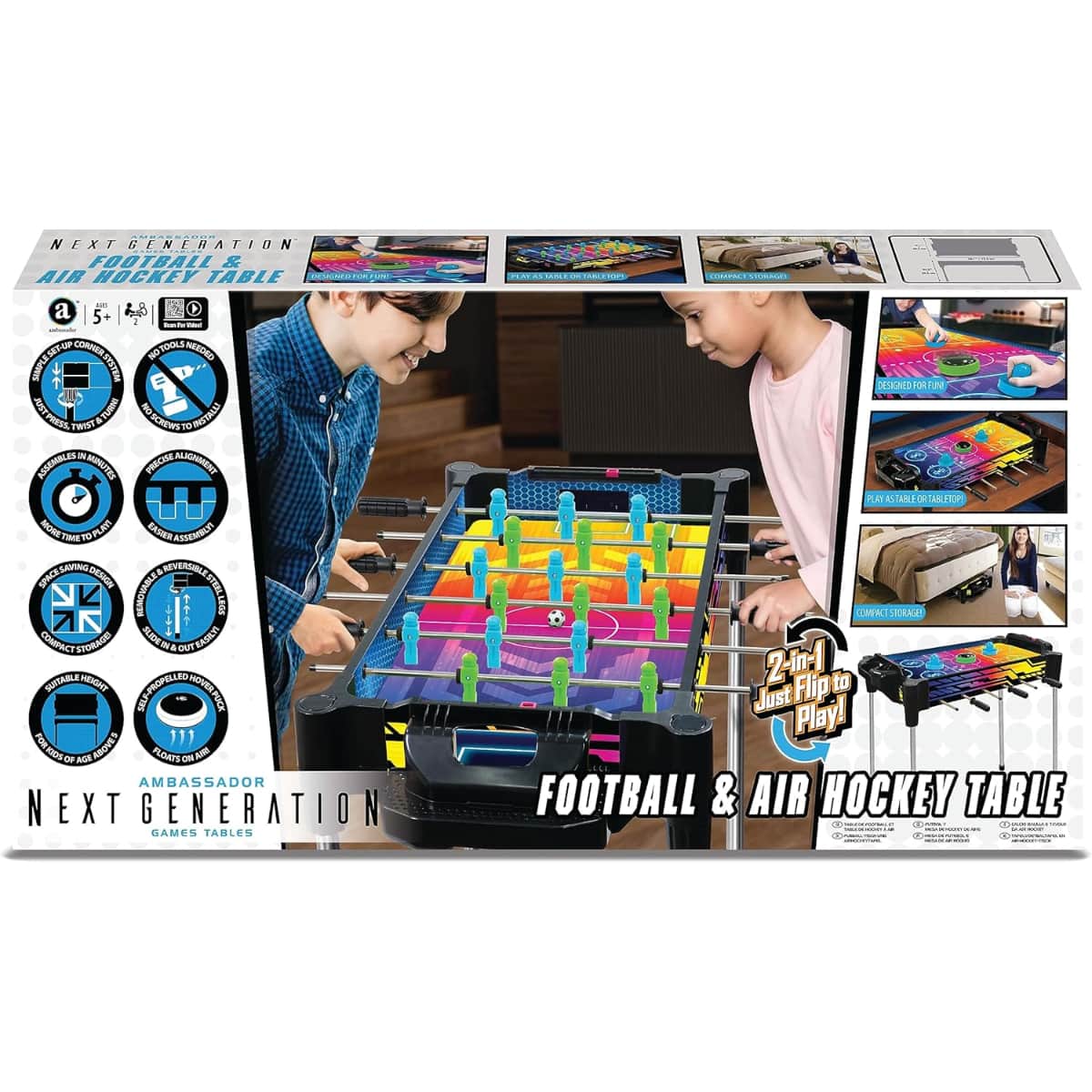 Ambassador 27″ 2-in-1 Neon Version Reversible Football & Air Hockey Table Unisex, 5-7 Years