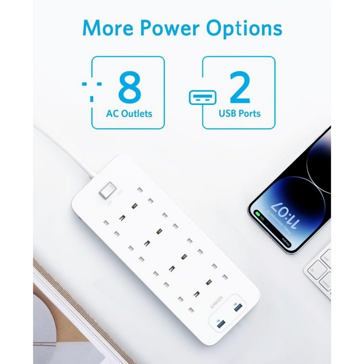 أنكر مشترك كهربائي 342 USB بقدرة 12 واط مع حماية من زيادة التيار ومنفذي USB و8 مخارج AC بطول 1.8 متر