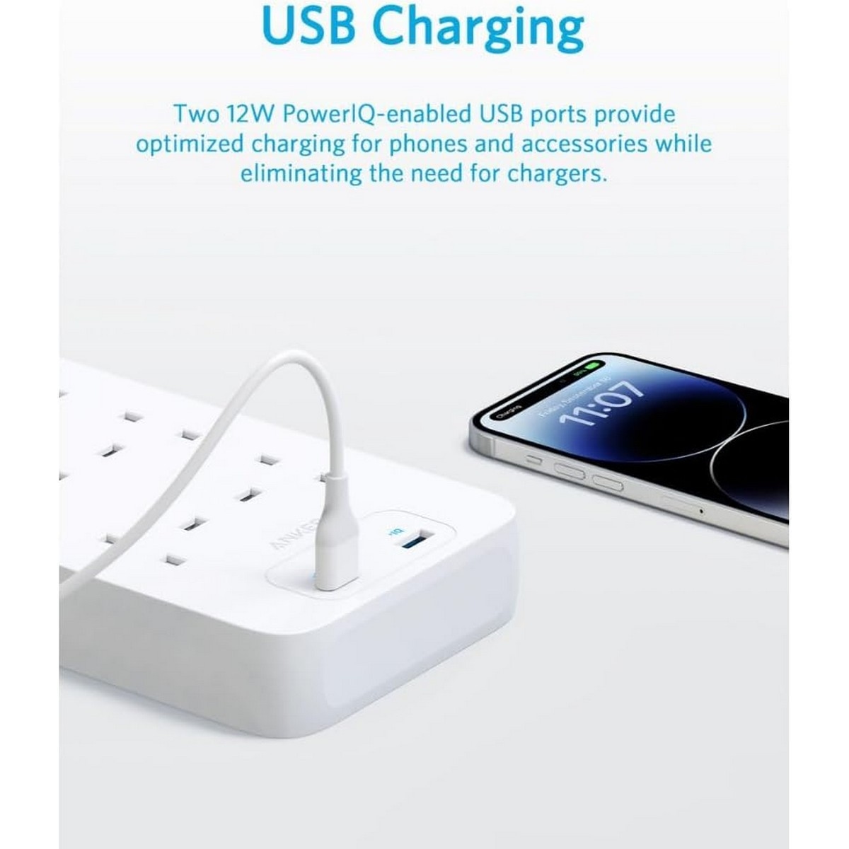 أنكر مشترك كهربائي 342 USB بقدرة 12 واط مع حماية من زيادة التيار ومنفذي USB و8 مخارج AC بطول 1.8 متر