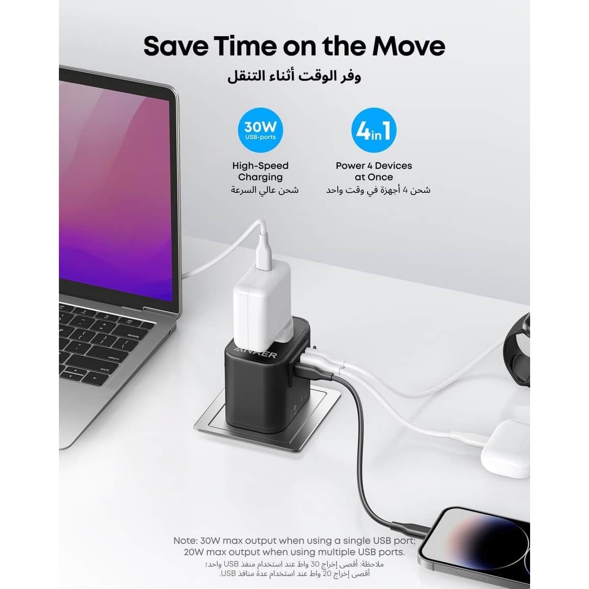 أنكر شاحن حائط PowerExtend بقدرة 30 واط مع 3 منافذ USB ومخرج AC واحد