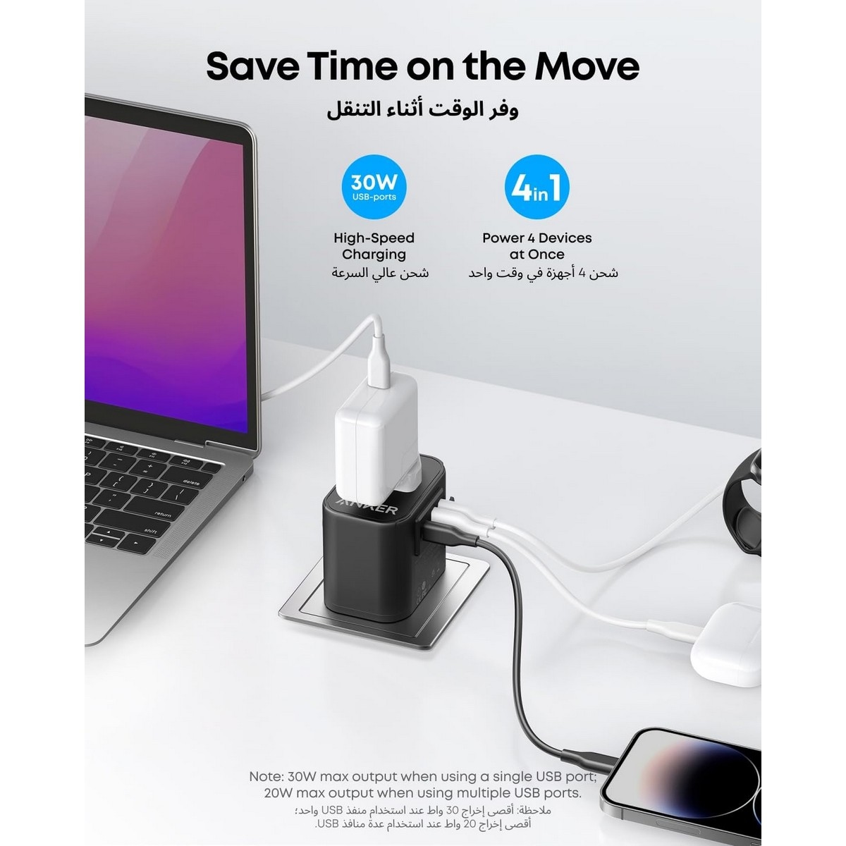 أنكر شاحن حائط PowerExtend بقدرة 30 واط مع 3 منافذ USB ومخرج AC واحد