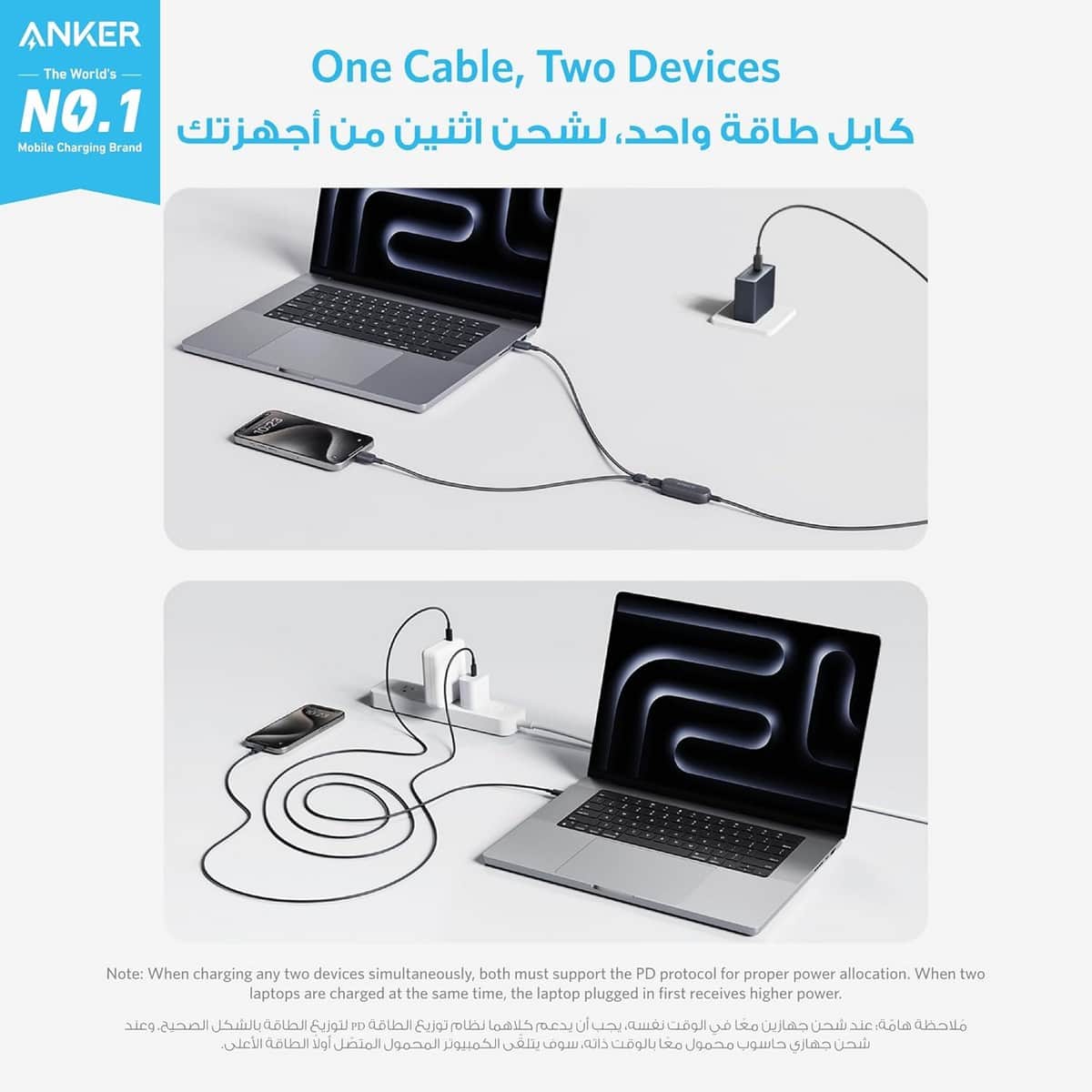 أنكر كابل 2 في 1 USB-C إلى USB-C بقدرة 140 واط بطول 4 قدم