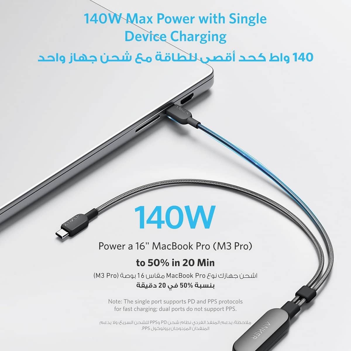 أنكر كابل 2 في 1 USB-C إلى USB-C بقدرة 140 واط بطول 4 قدم