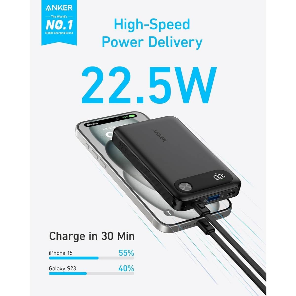 أنكر أسود باور بانك بسعة 10000mAh وقدرة 22.5 واط