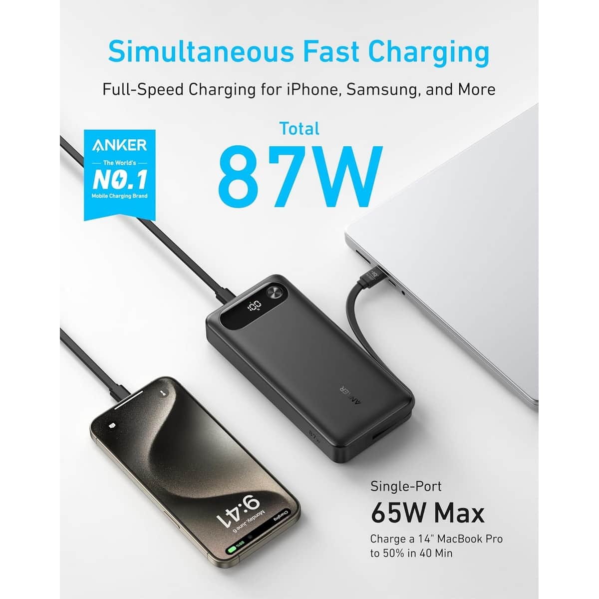Anker Black 20000mAh 87W Built-In USB-C Cable Power Bank