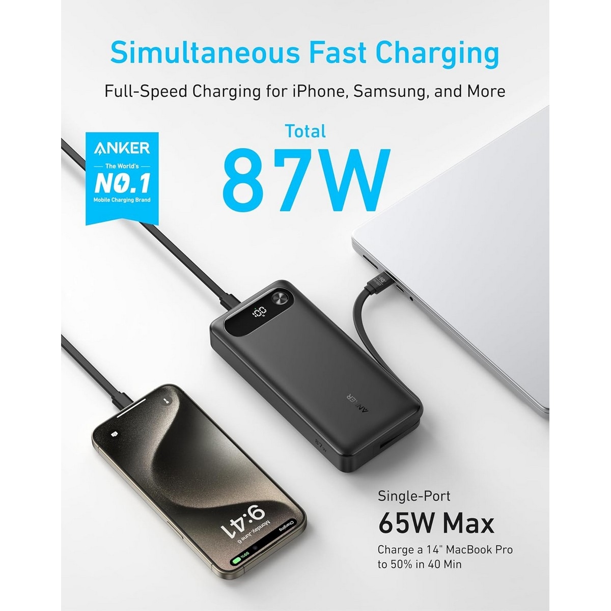أنكر أسود باور بانك بسعة 20000mAh وقدرة 87 واط مع كابل USB-C مدمج