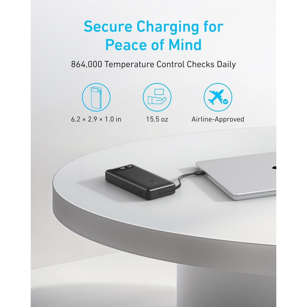 أنكر أسود باور بانك بسعة 20000mAh وقدرة 87 واط مع كابل USB-C مدمج