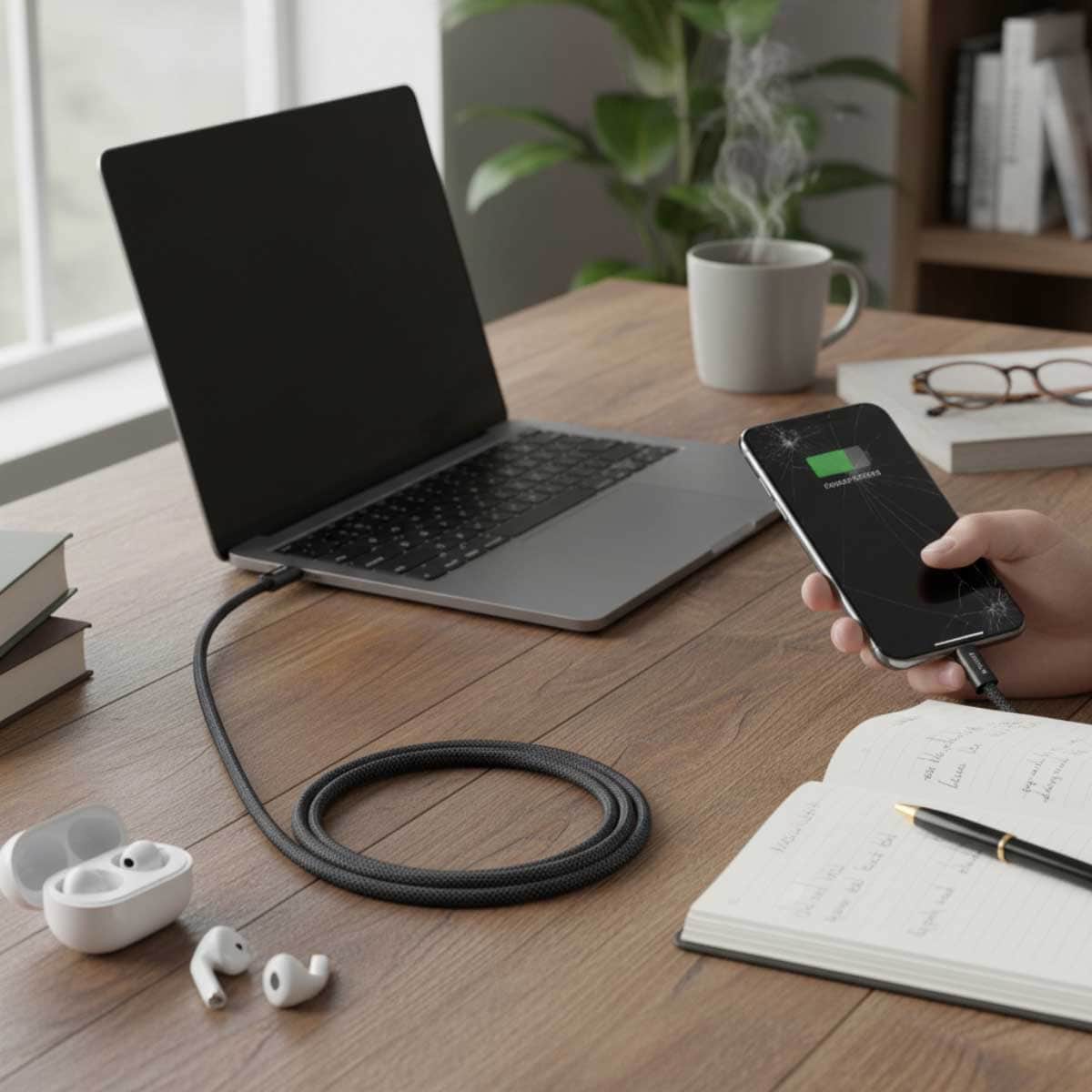 أنكر أسود كابل صديق للبيئة USB-C إلى USB-C بقدرة 240 واط بطول 2 متر