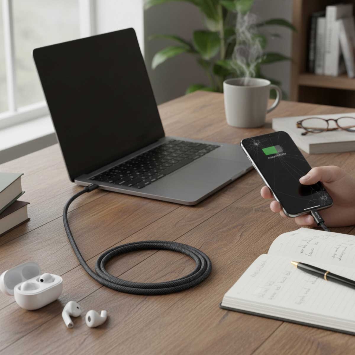 أنكر أسود كابل صديق للبيئة USB-C إلى USB-C بقدرة 240 واط بطول 2 متر