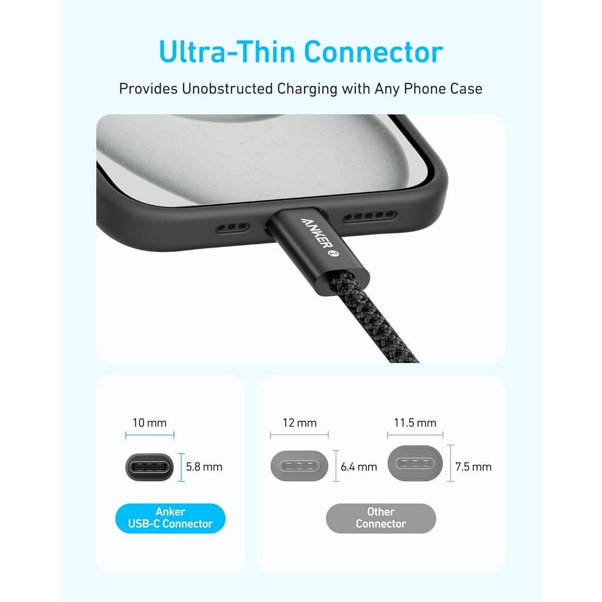 أنكر أسود كابل صديق للبيئة USB-C إلى USB-C بقدرة 240 واط بطول 2 متر