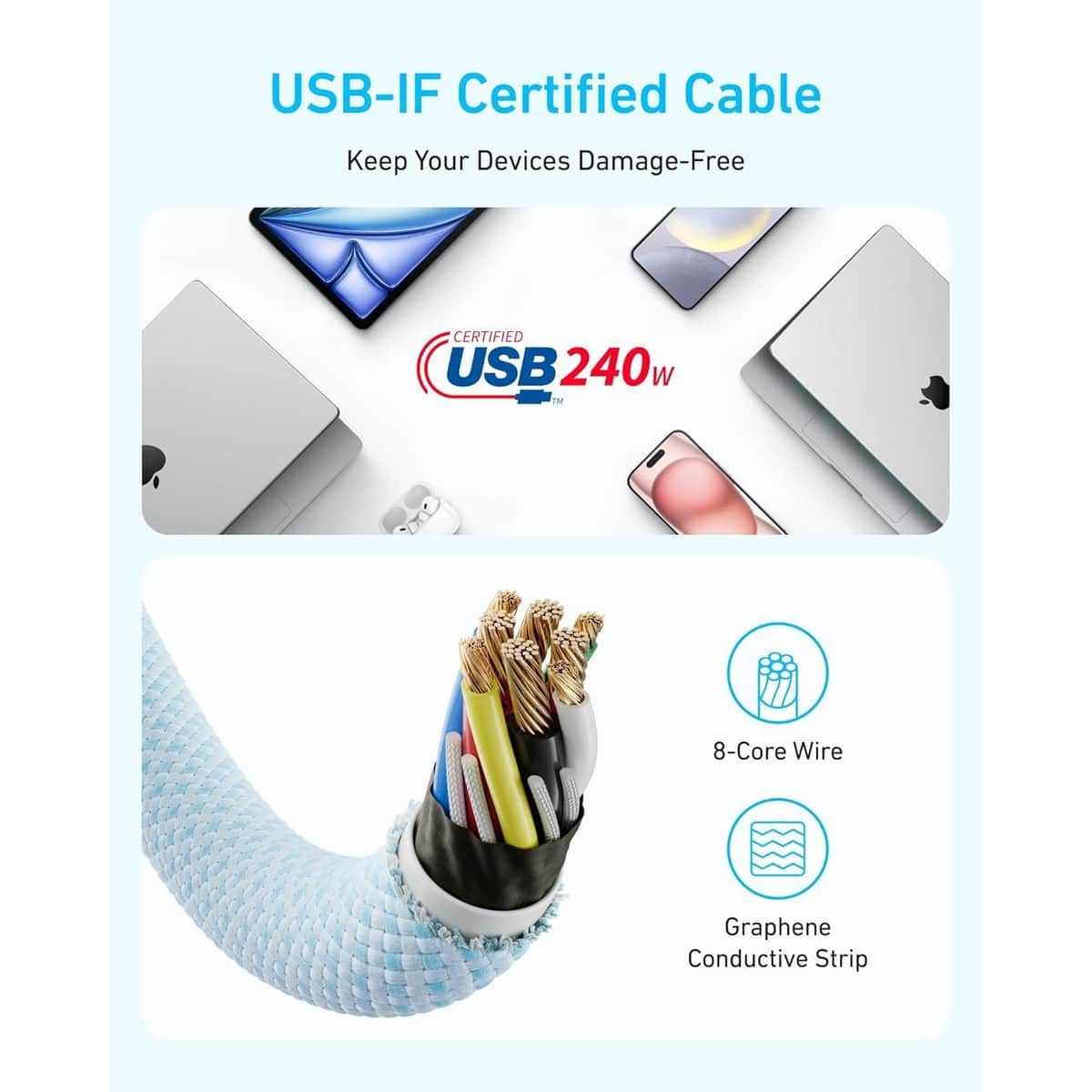 أنكر أسود كابل صديق للبيئة USB-C إلى USB-C بقدرة 240 واط بطول 2 متر