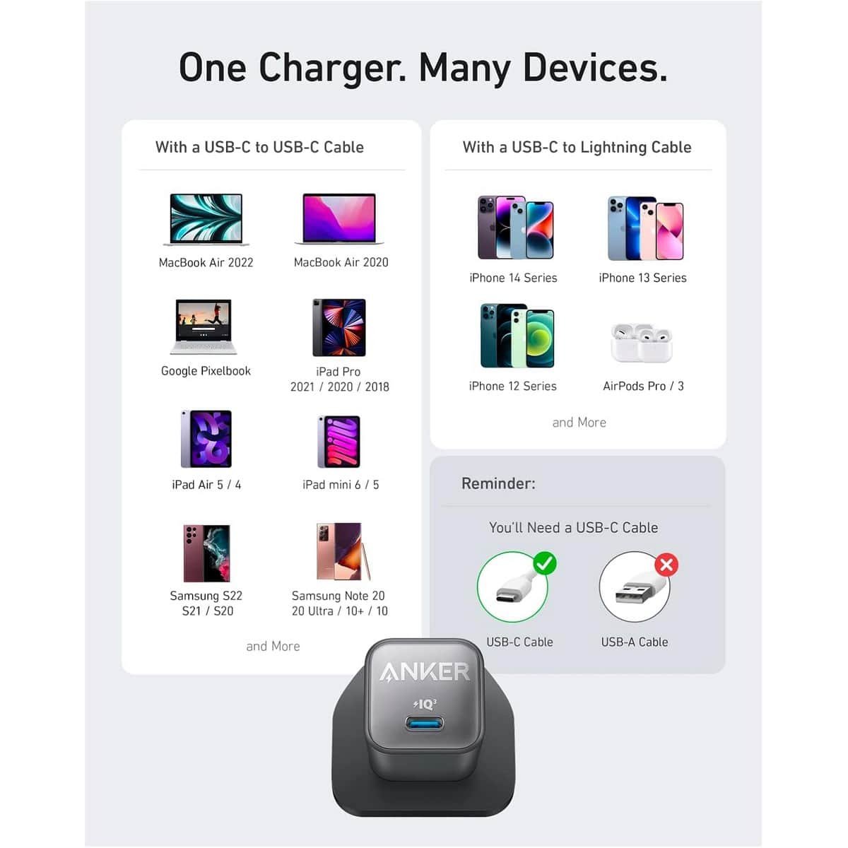 أنكر أسود شاحن حائط 511 Nano 3 PowerIQ 3.0 USB-C بقدرة 30 واط