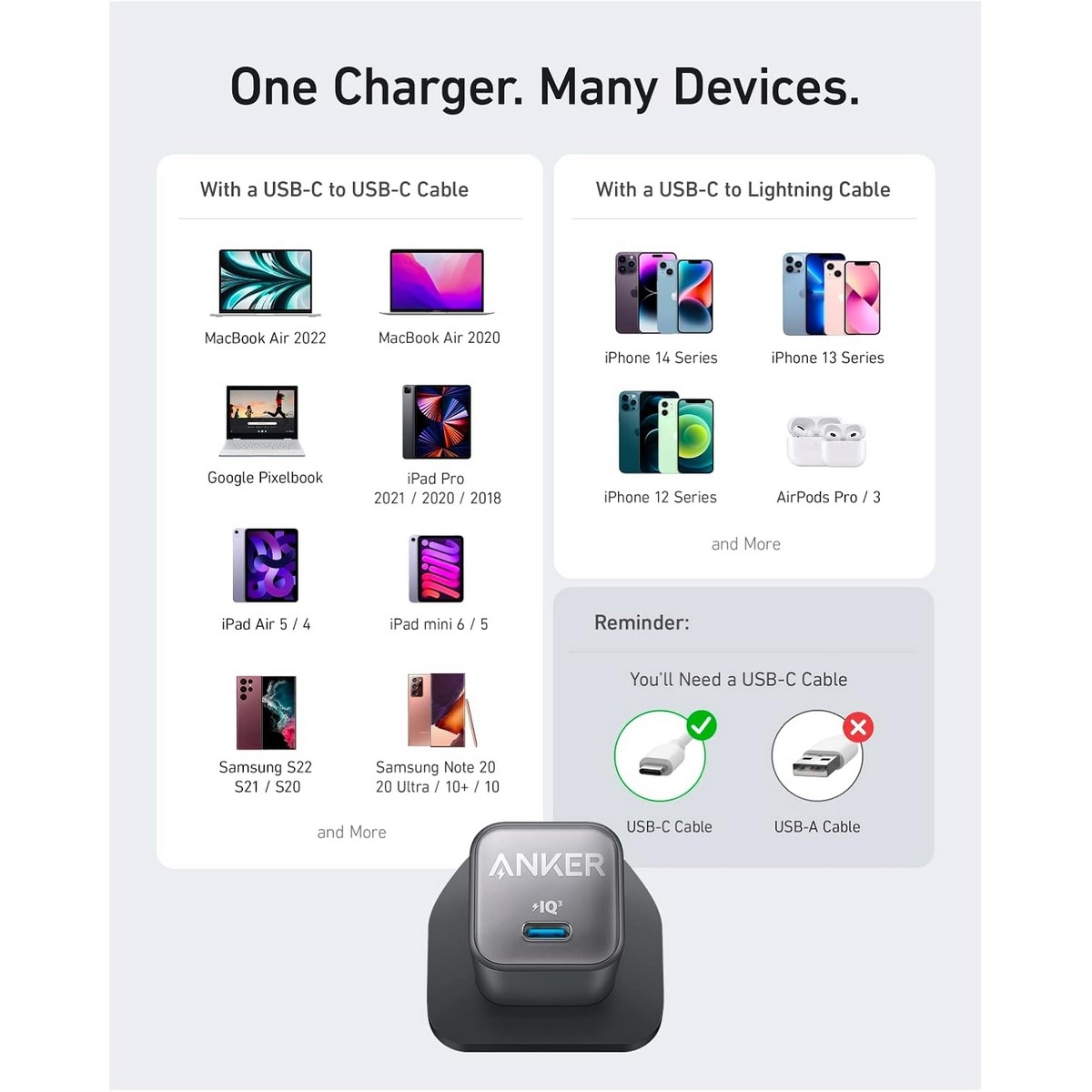 أنكر أسود شاحن حائط 511 Nano 3 PowerIQ 3.0 USB-C بقدرة 30 واط
