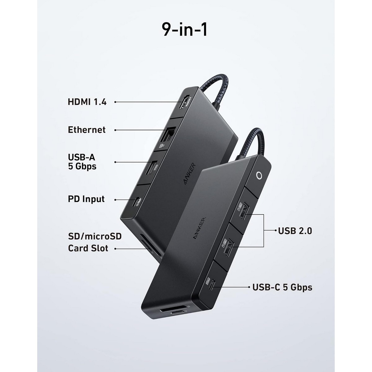 أنكر أسود موزع 552 USB-C مع 9 منافذ ودعم 4K HDMI