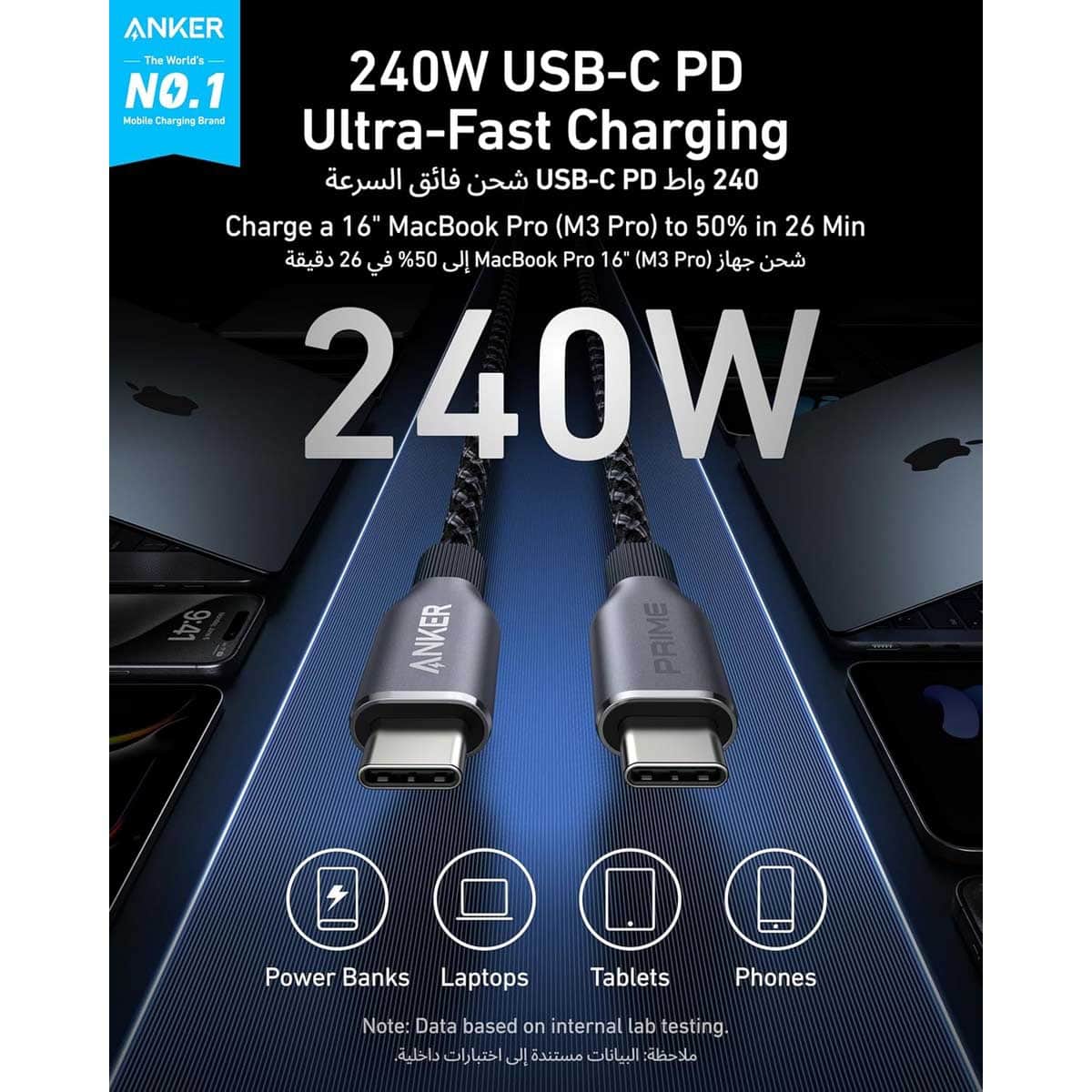 Anker Black Prime Upcycled-Braided 240W USB-C to USB-C Cable