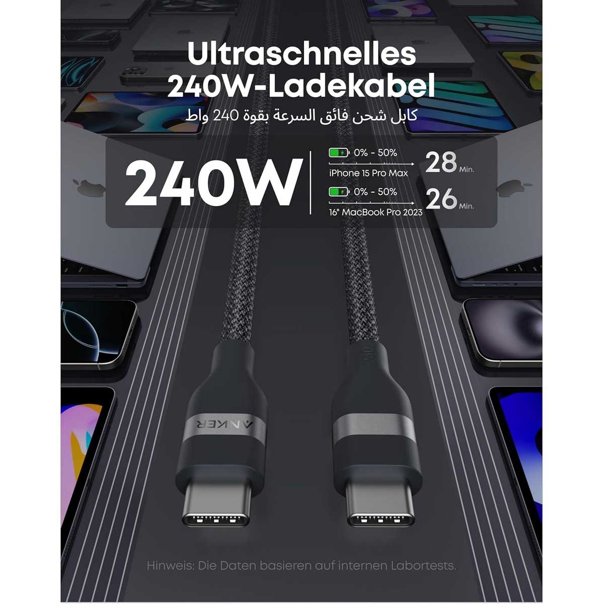 أنكر كابل مجدول معاد تدويره USB-C إلى USB-C بقدرة 240 واط بطول