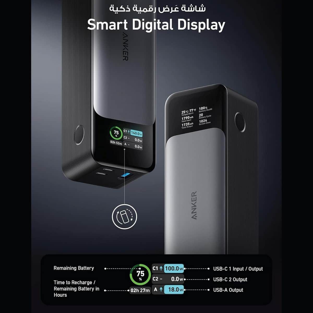 أنكر أسود باور بانك 737 بسعة 24000mAh وقدرة 140 واط