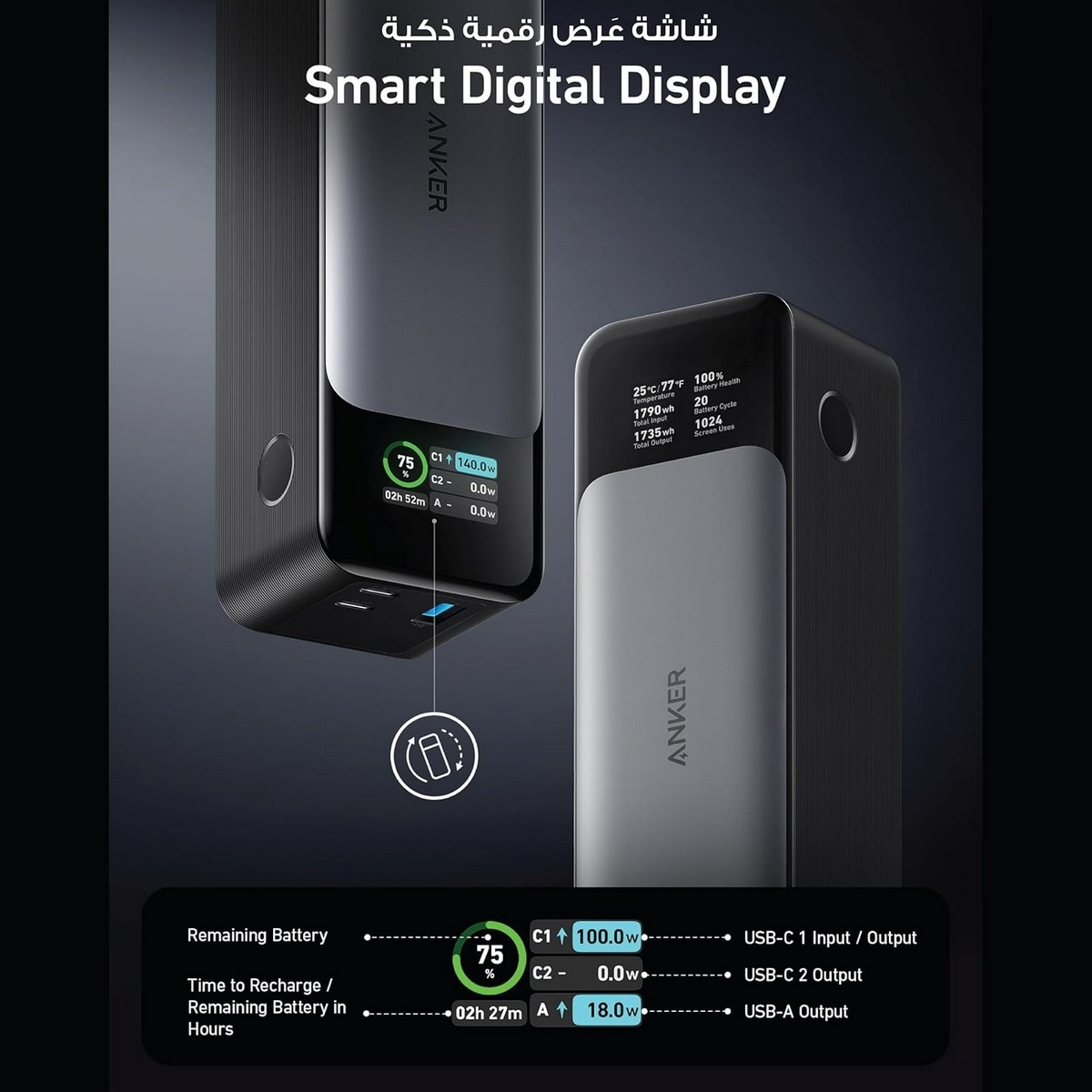 أنكر أسود باور بانك 737 بسعة 24000mAh وقدرة 140 واط