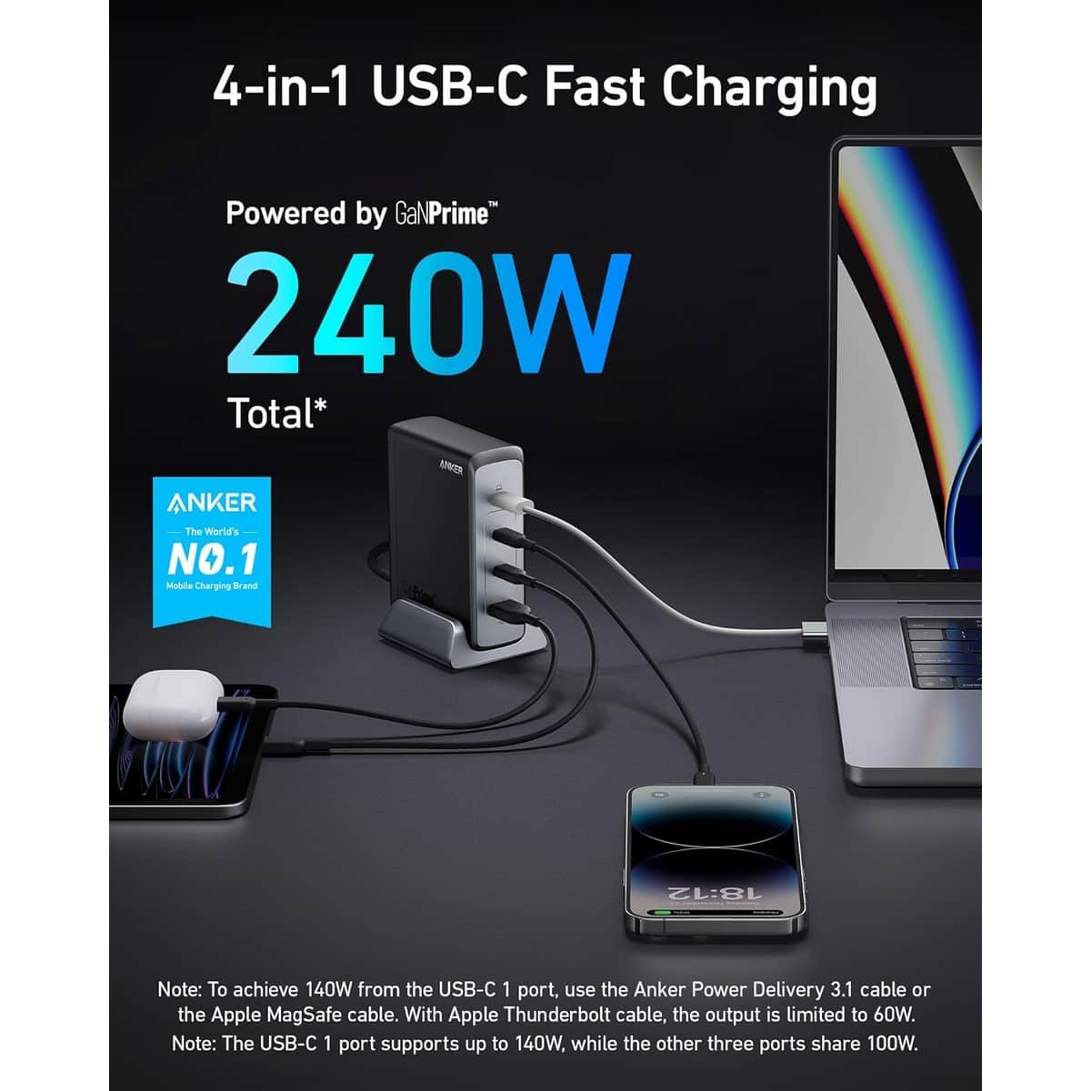 Anker Black 749 GaN III PD 240W 4-Port USB-C & USB-A Charger