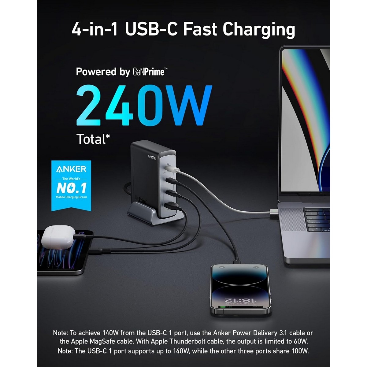 Anker Black 749 GaN III PD 240W 4-Port USB-C & USB-A Charger