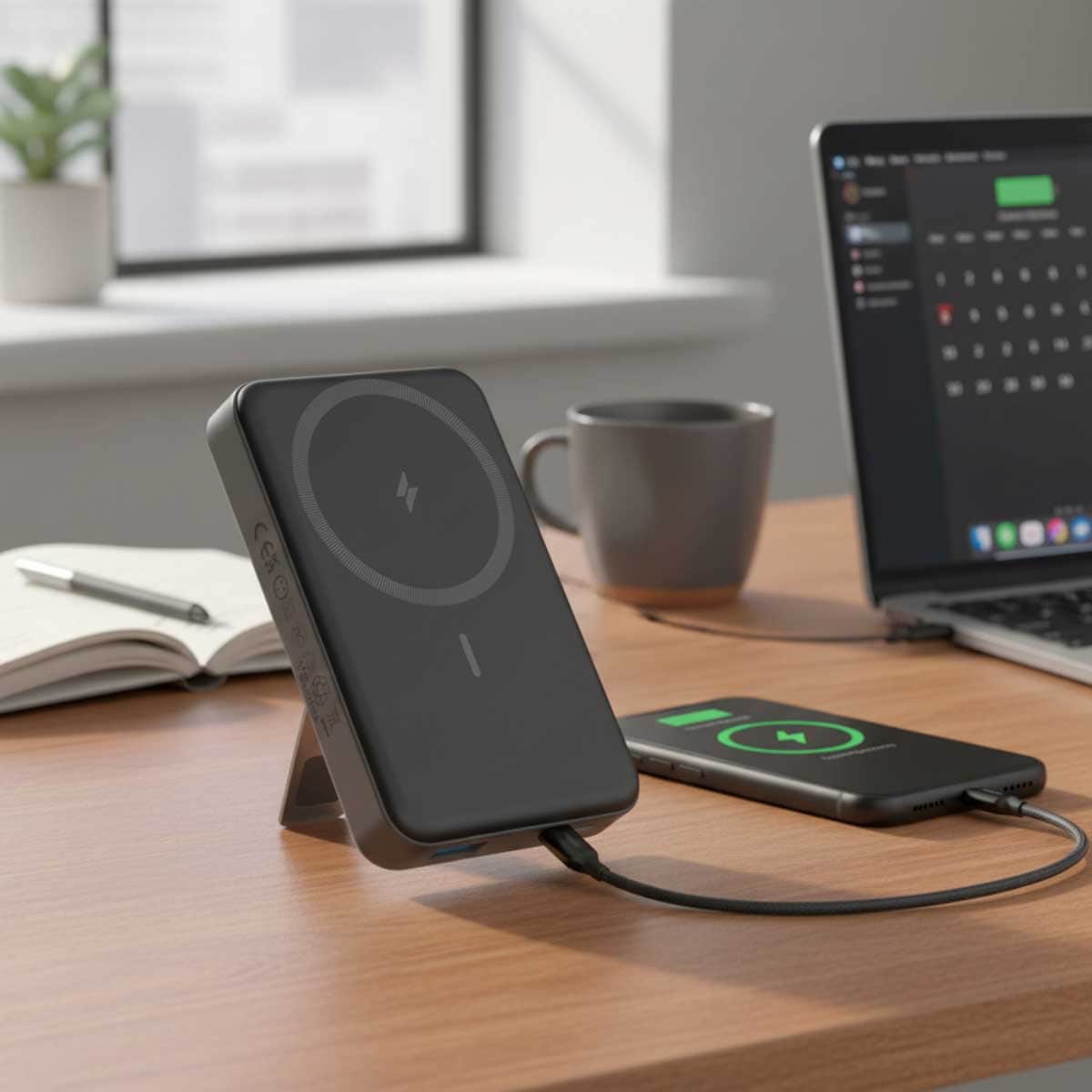 أنكر أسود باور بانك MagGo بسعة 10000mAh قابل للطي مع شحن لاسلكي مغناطيسي