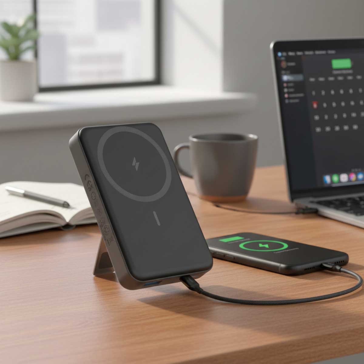 أنكر أسود باور بانك MagGo بسعة 10000mAh قابل للطي مع شحن لاسلكي مغناطيسي