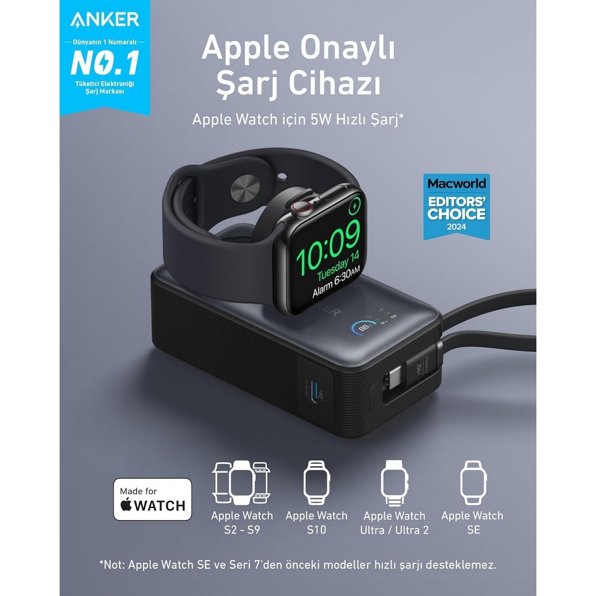 أنكر باور بانك MagGo لساعة أبل بسعة 10000mAh وقدرة 35 واط مع شحن لاسلكي مغناطيسي