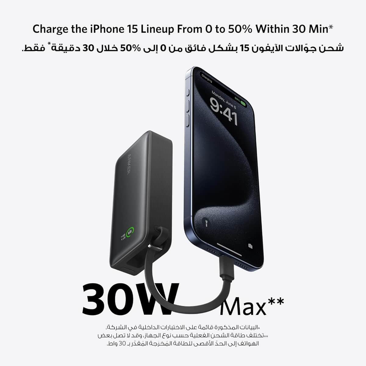 Anker Black Nano 10000mAh 30W Built-In USB-C Cable Power Bank