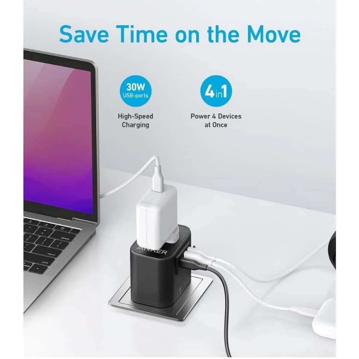 أنكر أسود شاحن حائط Nano بقدرة 65 واط مع 4 منافذ USB