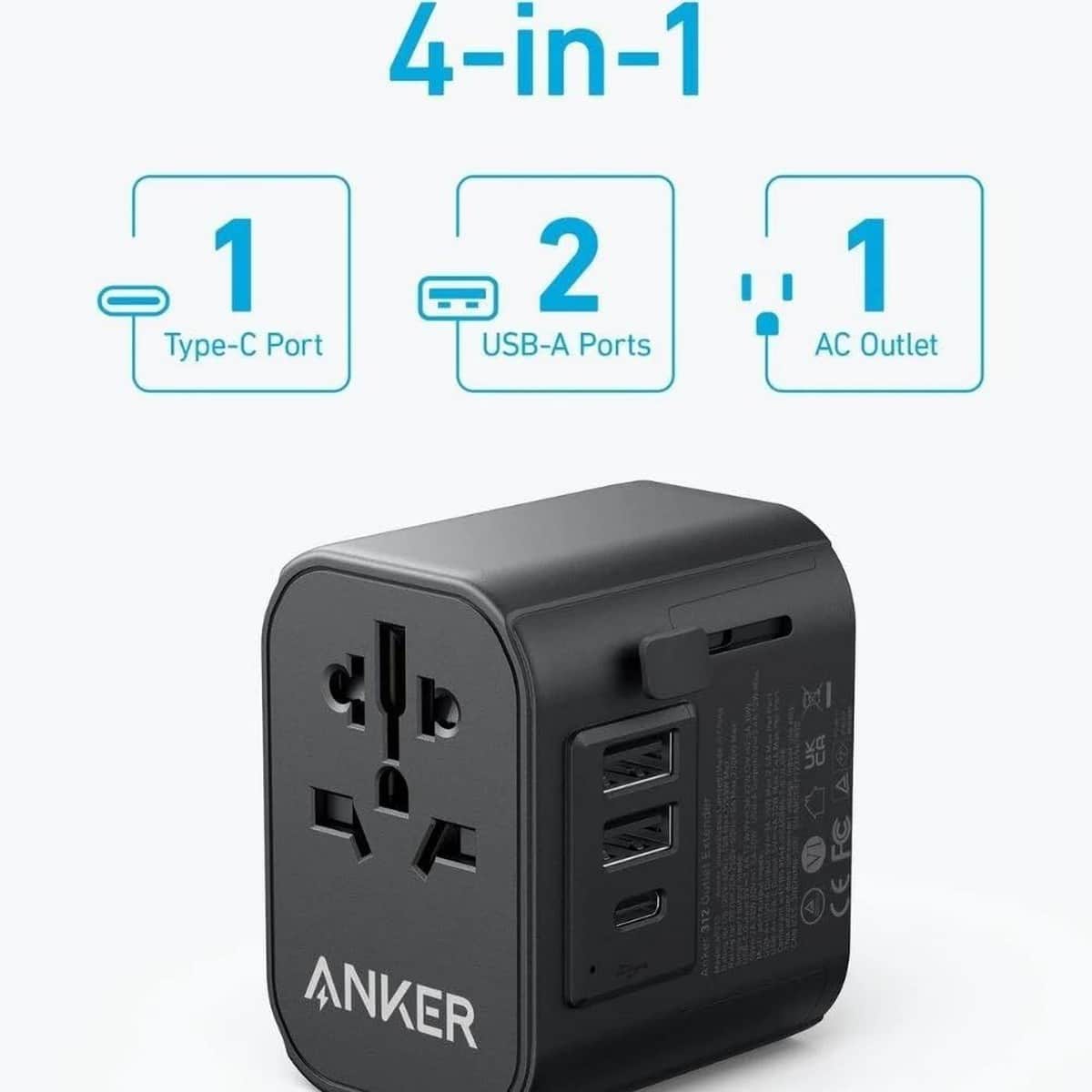أنكر أسود شاحن حائط Nano بقدرة 65 واط مع 4 منافذ USB
