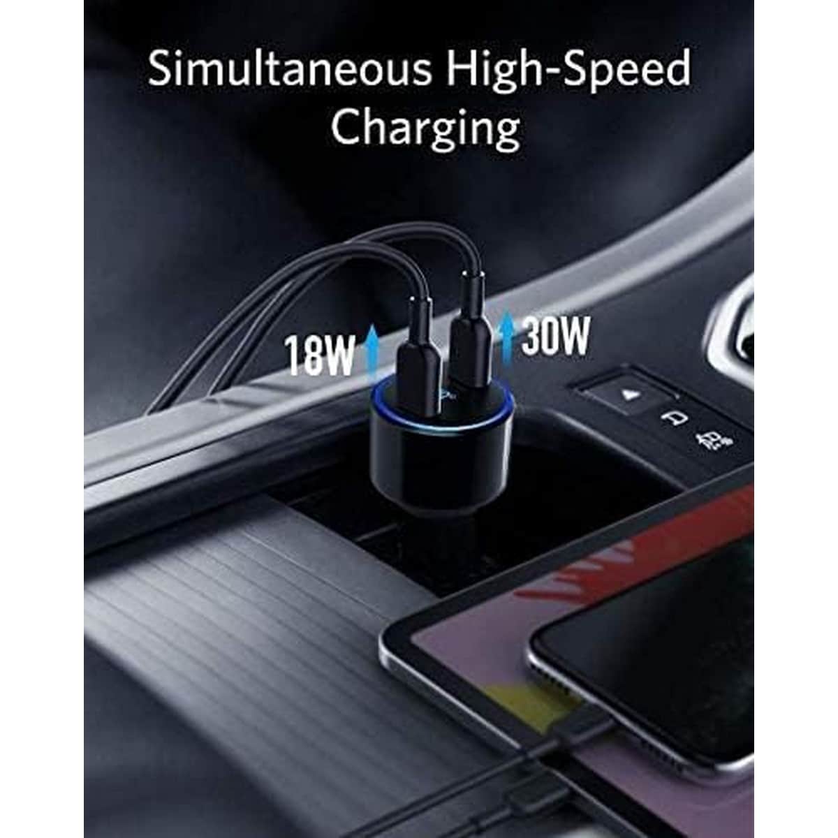 أنكر أسود شاحن سيارة PD بقدرة 35 واط بمنفذي USB-C وUSB-A