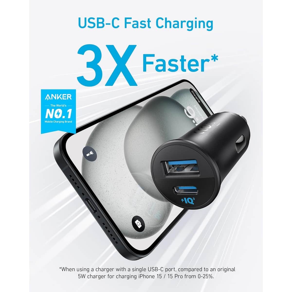 Anker Black PowerIQ 3.0 30W 2-Port USB-C & USB-A Car Charger