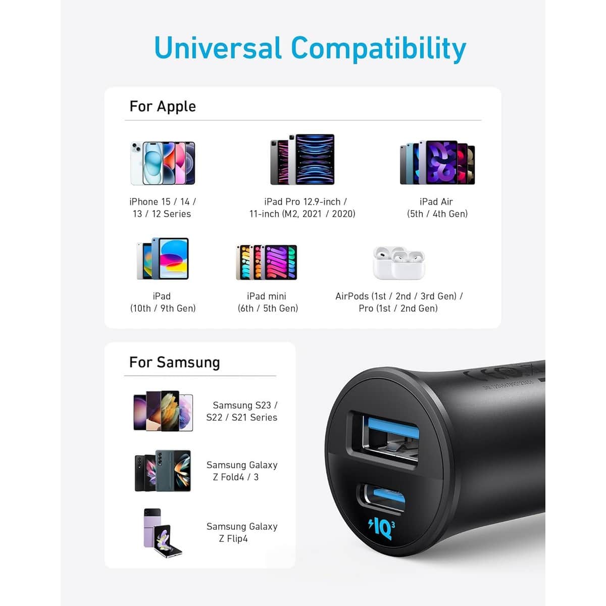 Anker Black PowerIQ 3.0 30W 2-Port USB-C & USB-A Car Charger