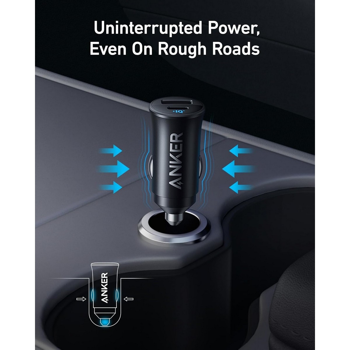 أنكر أسود شاحن سيارة PowerIQ 3.0 بقدرة 30 واط بمنفذي USB-C وUSB-A