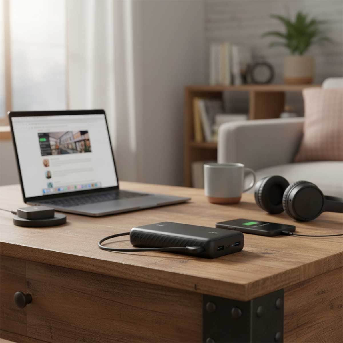 أنكر أسود باور بانك Zolo بسعة 20000mAh وقدرة 22.5 واط مع كابل USB-C مدمج