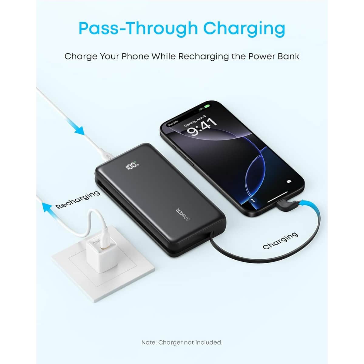 أنكر أسود باور بانك Zolo بسعة 20000mAh وقدرة 22.5 واط مع كابل USB-C مدمج