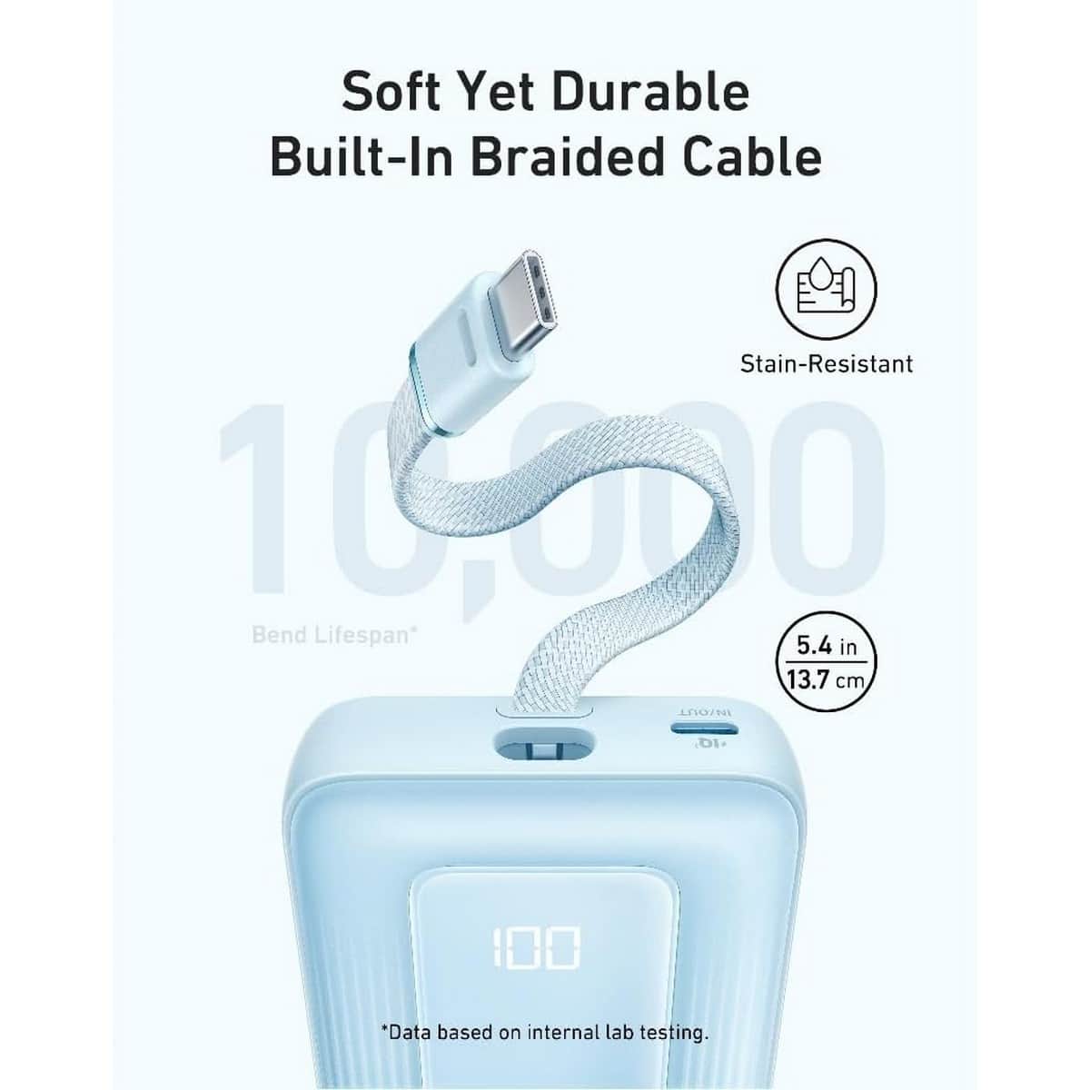 أنكر باور بانك بسعة 10000mAh وقدرة 30 واط مع كابل USB-C مدمج