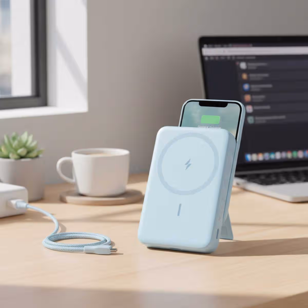 أنكر أزرق باور بانك بسعة 10000mAh مغناطيسي مع كابل USB-C مدمج