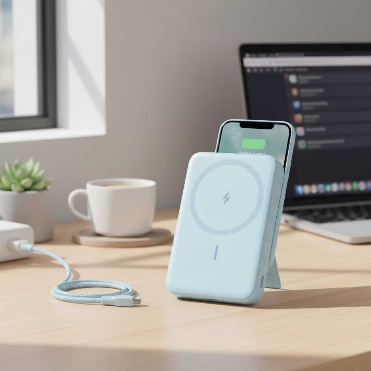 أنكر أزرق باور بانك بسعة 10000mAh مغناطيسي مع كابل USB-C مدمج