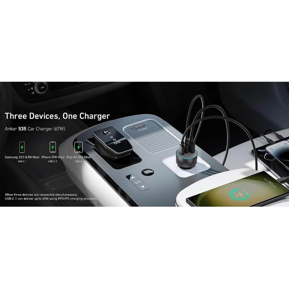 Anker Grey 336 67W 3-Port USB-C & USB-A Car Charger