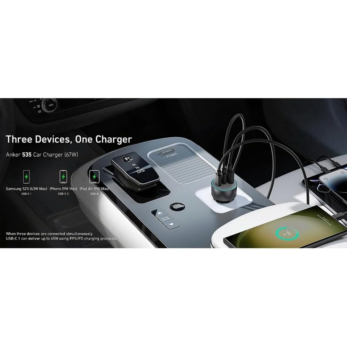 أنكر رمادي شاحن سيارة 336 بقدرة 67 واط مع 3 منافذ USB-C وUSB-A