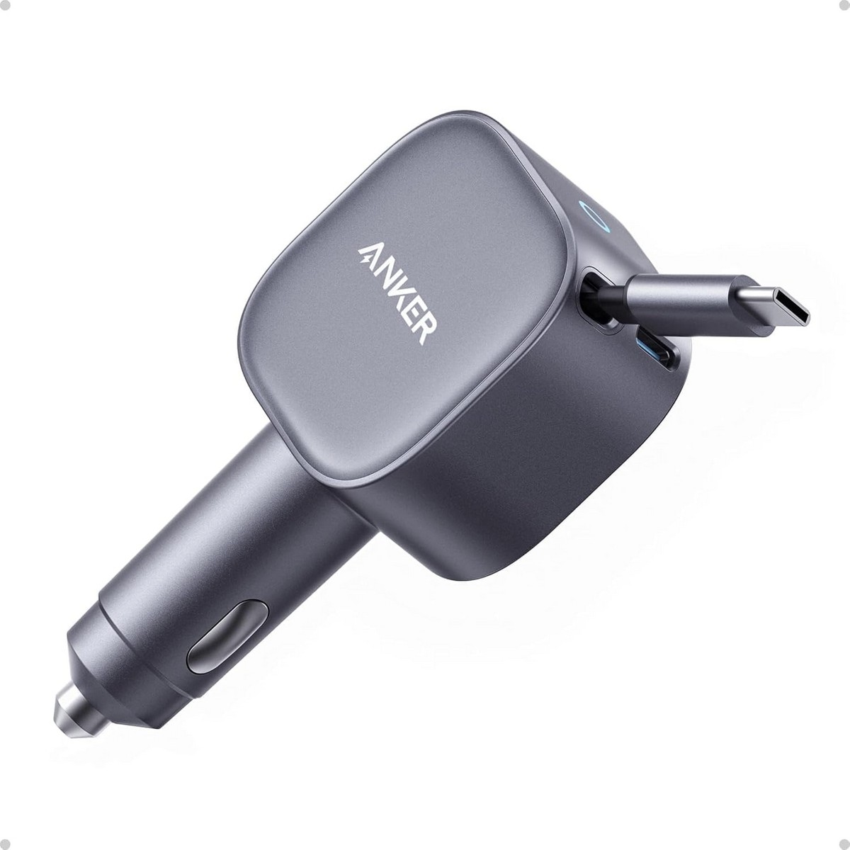 أنكر رمادي شاحن سيارة Nano بقدرة 75 واط مع كابل USB-C قابل للسحب
