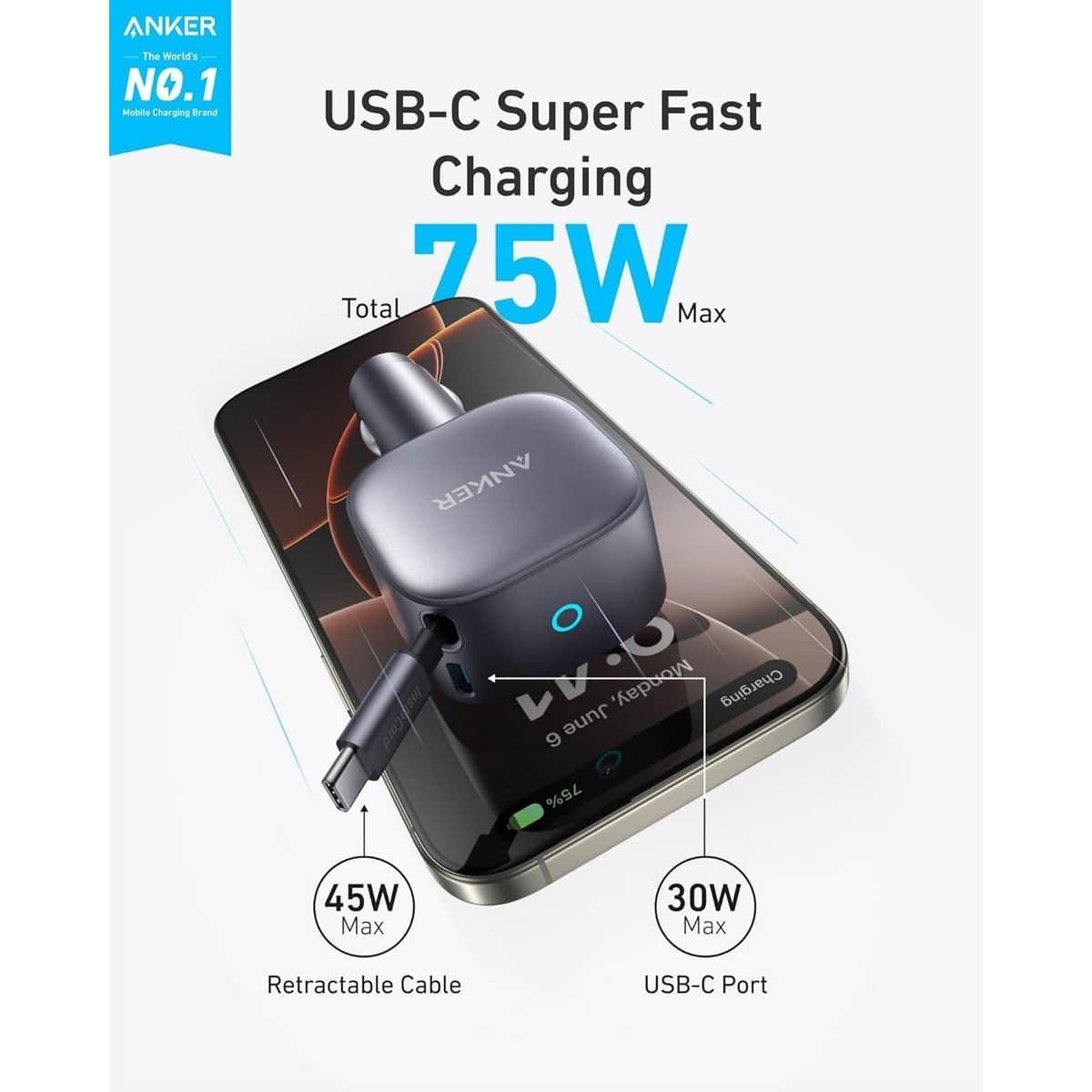 Anker Grey Nano 75W Retractable USB-C Cable Car Charger