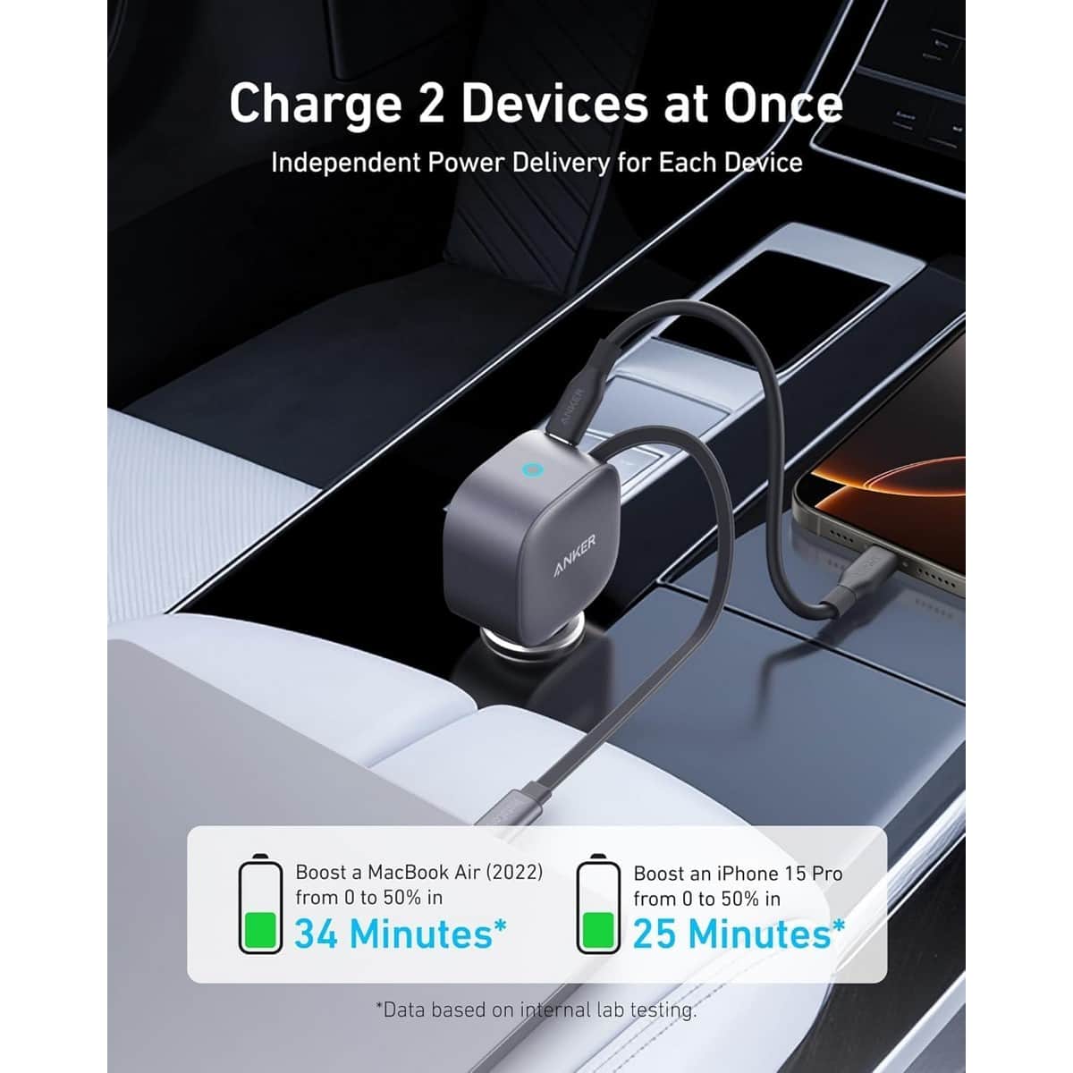 Anker Grey Nano 75W Retractable USB-C Cable Car Charger