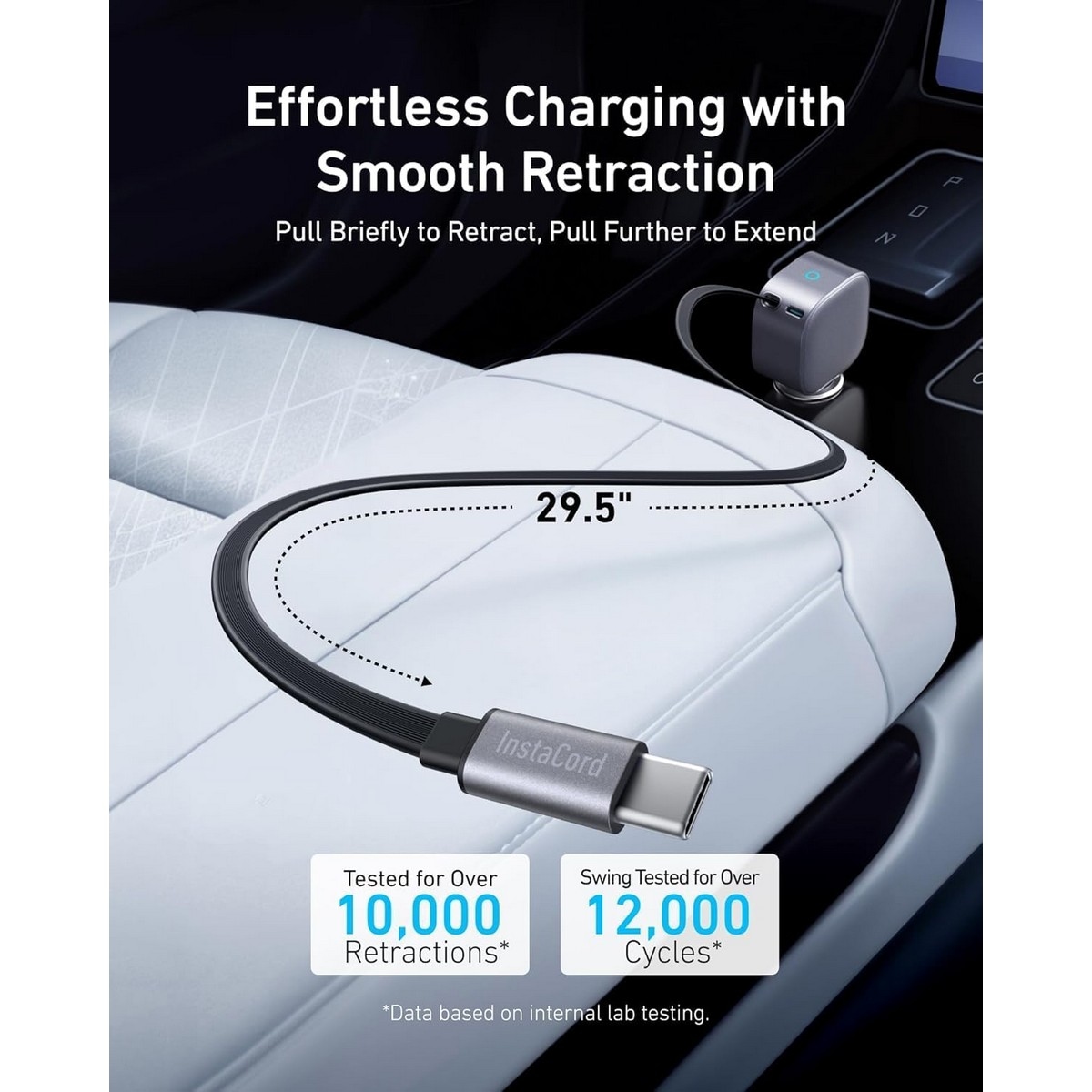 أنكر رمادي شاحن سيارة Nano بقدرة 75 واط مع كابل USB-C قابل للسحب