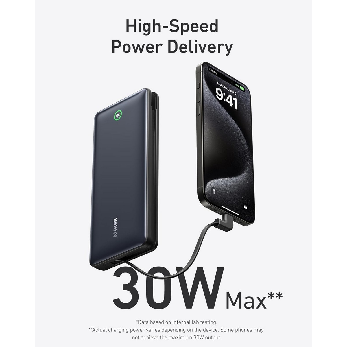 أنكر باور بانك Nano بسعة 20000mAh وقدرة 30 واط مع كابل USB-C مدمج