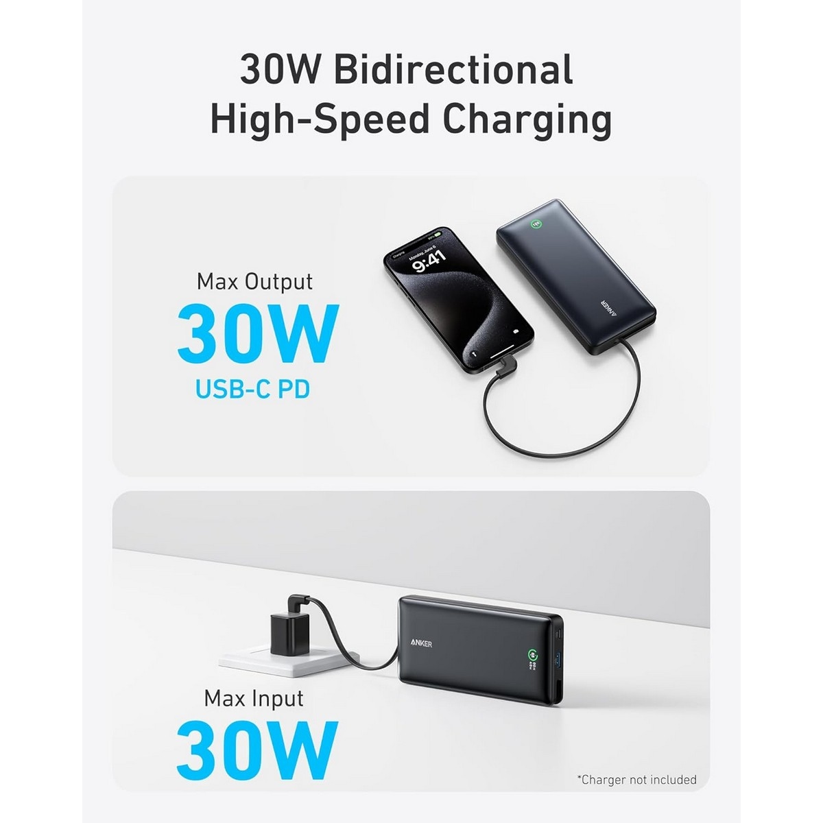 أنكر باور بانك Nano بسعة 20000mAh وقدرة 30 واط مع كابل USB-C مدمج