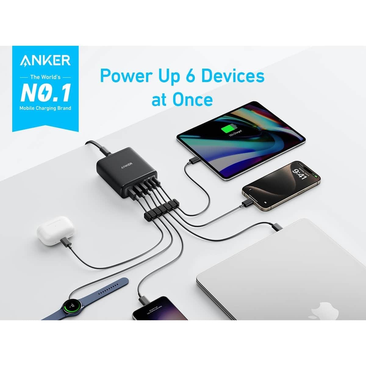 أنكر شاحن PowerIQ 3.0 GaN بقدرة 112 واط مع 6 منافذ USB-C وUSB-A
