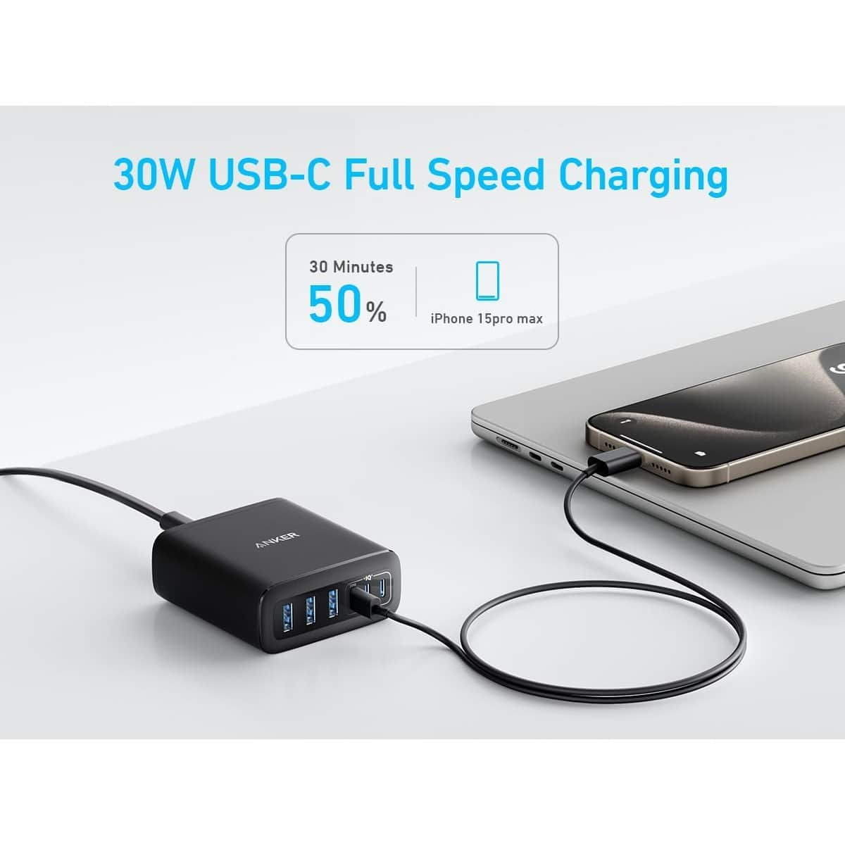 أنكر شاحن PowerIQ 3.0 GaN بقدرة 112 واط مع 6 منافذ USB-C وUSB-A